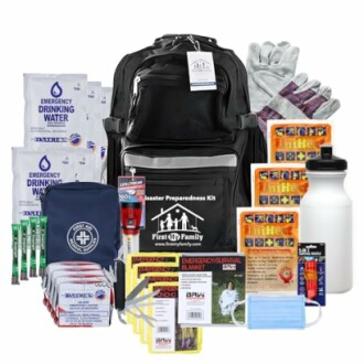 Emergency preparedness kit with supplies including water, food, gloves, and a backpack.
