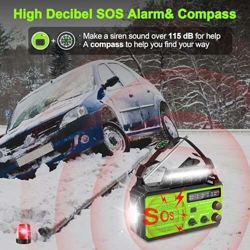 Emergency radio with SOS alarm and compass next to a car in snow.