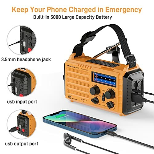 Portable emergency radio with phone charging feature, USB and headphone ports.