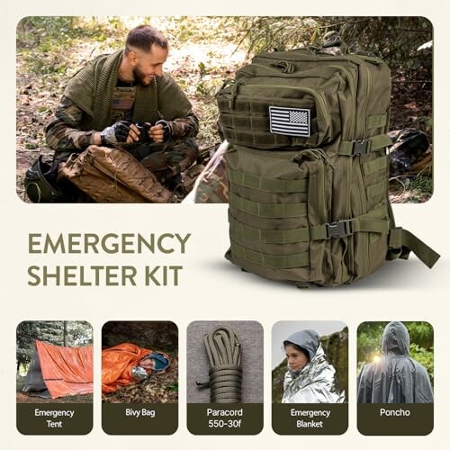Emergency shelter kit with supplies including a backpack, tent, bivy bag, paracord, blanket, and poncho.
