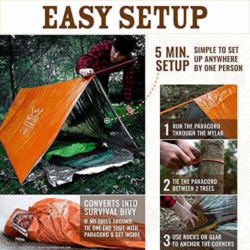 Instructions for setting up an emergency shelter using paracord and mylar.