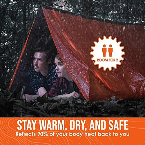 Two people under an orange emergency tent in the rain, labeled 'Room for 2'.