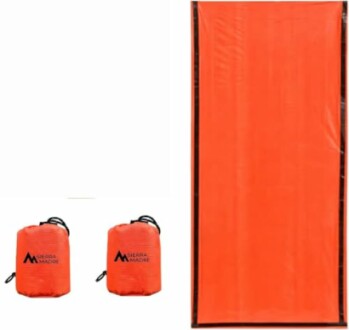 Orange emergency sleeping bag with two compact storage bags.