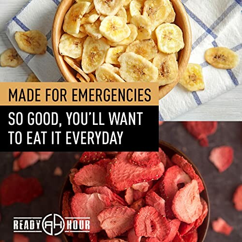 Banana and strawberry chips for emergencies, labeled Ready Hour.