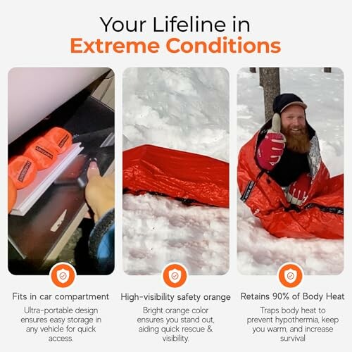 Emergency survival blanket in car, snow, and retaining heat.