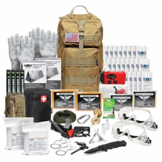 Comprehensive emergency survival kit with backpack, food rations, tools, and first aid supplies.