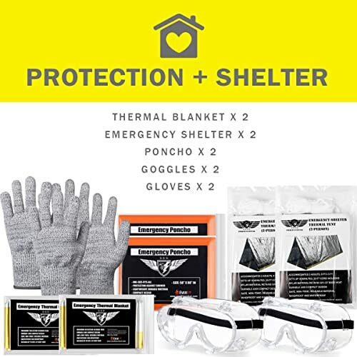 Emergency survival kit with thermal blankets, shelter, ponchos, goggles, and gloves.
