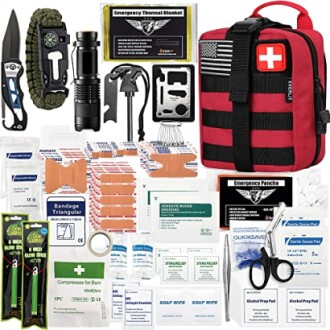 Comprehensive emergency survival kit with medical supplies and tools.