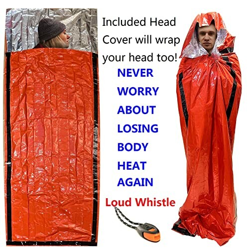 Emergency survival sleeping bag with head cover and loud whistle.