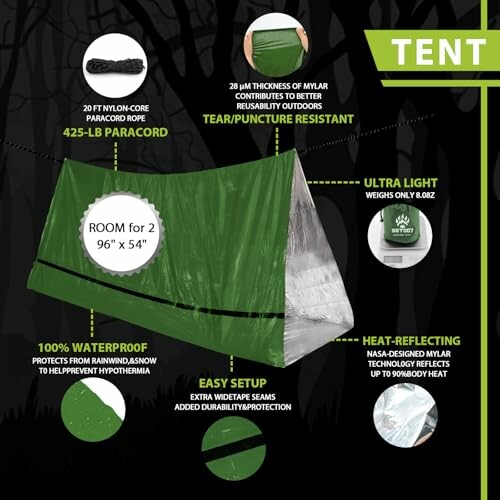 Emergency survival tent with specifications and features highlighted.