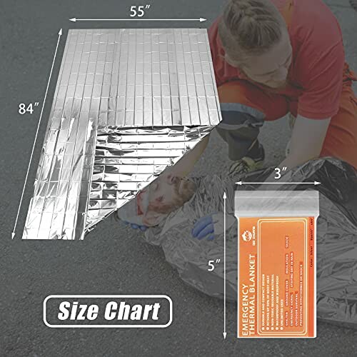 Emergency thermal blanket size chart with packaging.