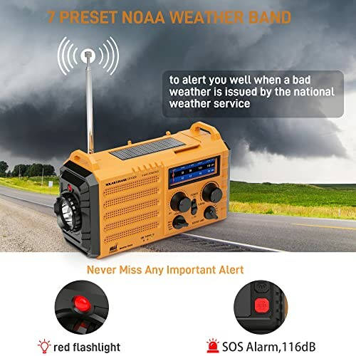Emergency weather radio with alert and flashlight features.