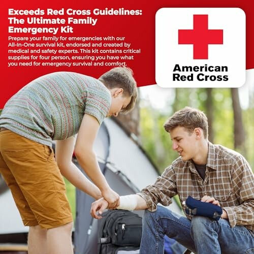 Two people with a first aid kit in a camping setting, featuring a Red Cross logo.