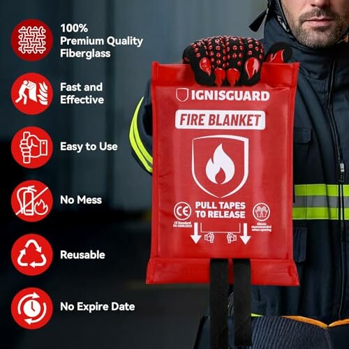 Firefighter holding a red fire blanket with safety icons and features.