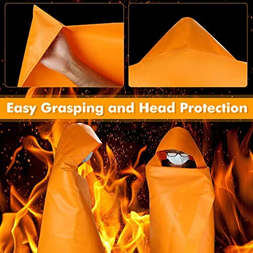 Fire protection blanket with hood for easy grasping and head protection.