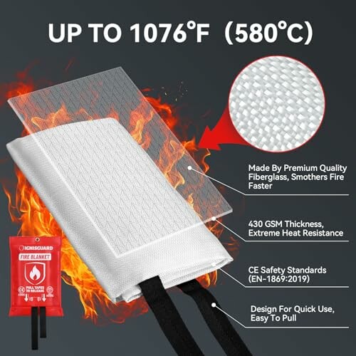 Fire safety blanket with heat resistance up to 1076°F (580°C).