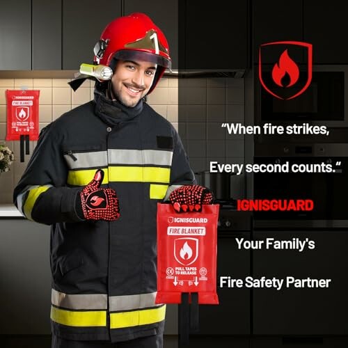 Firefighter promoting fire blanket for safety.