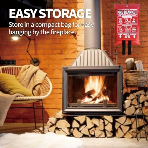 Cozy fireplace with stacked wood and a fire blanket hanging nearby.