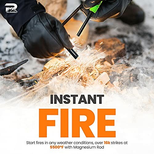 Hands using firestarter kit to ignite flames on dry material outdoors.