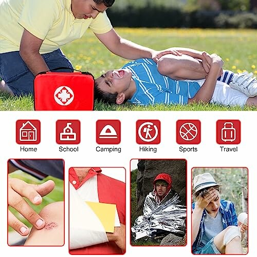 Child receiving first aid treatment outdoors with emergency kit.