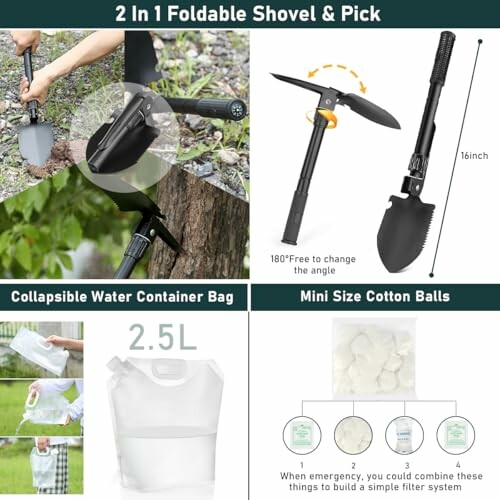 2-in-1 foldable shovel and pick, collapsible water container bag, mini cotton balls.