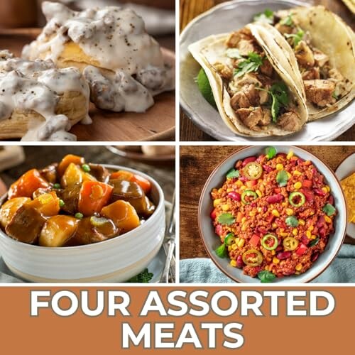 Four assorted meat dishes including biscuits and gravy, tacos, beef stew, and a meat salad.