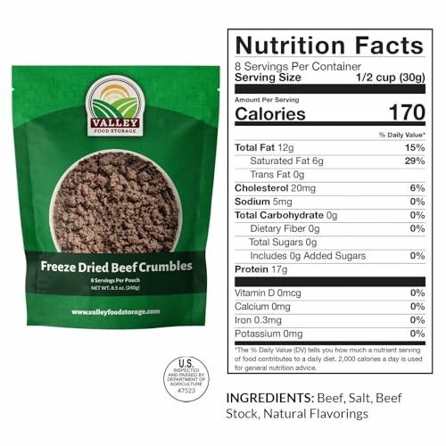 Freeze dried beef crumbles packaging and nutrition facts.