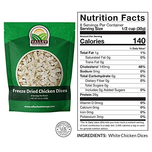 Package of freeze dried chicken dices with nutrition facts label.