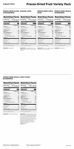 Nutrition labels for freeze-dried fruit variety pack including strawberries, banana chips, apple slices, and raspberries.