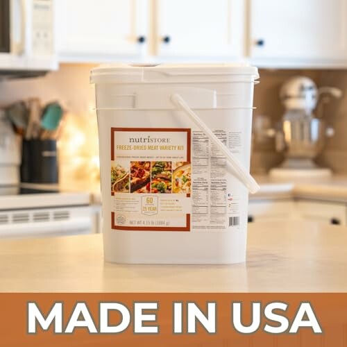 Freeze-dried meat variety kit in a kitchen setting, labeled 'Made in USA'.