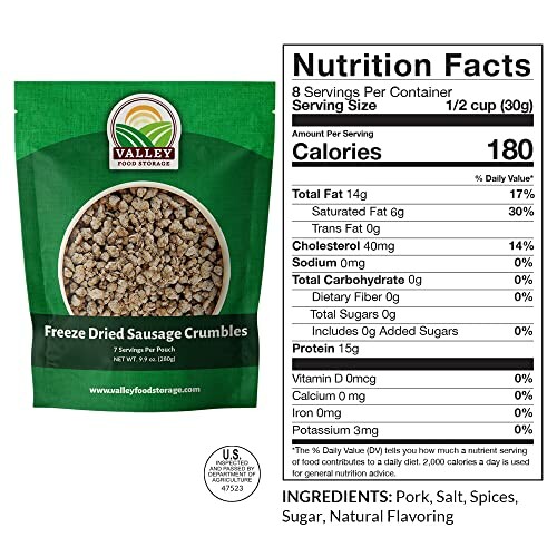 Freeze dried sausage crumbles with nutrition facts and ingredients.