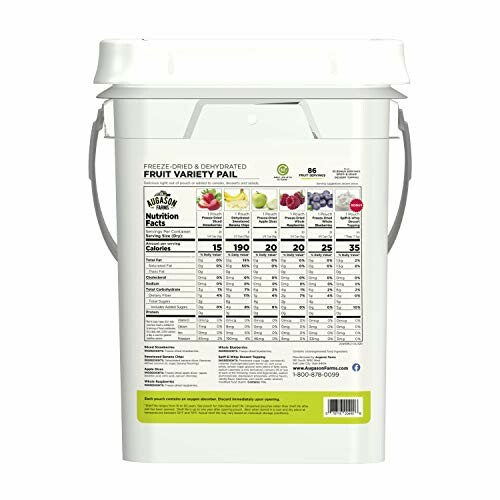 Freeze-dried and dehydrated fruit variety pail with nutrition facts.