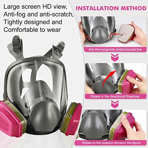 Full-face respirator mask with installation instructions.