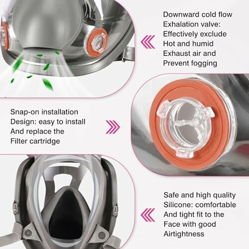 Full face respirator mask with silicone seal, exhalation valve, and filter cartridge.