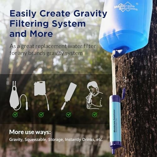 Gravity filtering system setup with water filter and blue container.