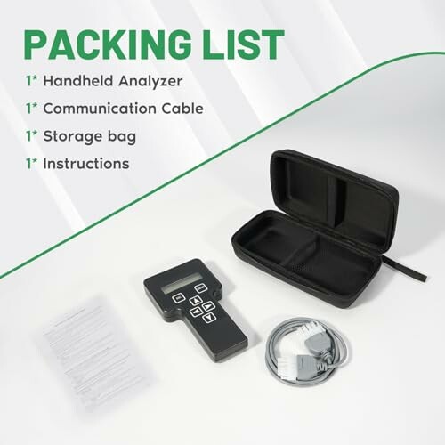 Packing list with handheld analyzer, cable, bag, instructions.