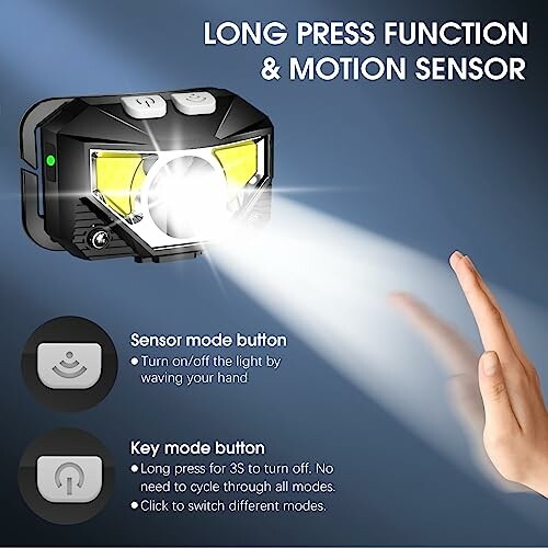 Headlamp with long press and motion sensor features.