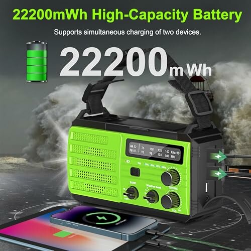 Green high-capacity battery with dual charging capability and weather radio.