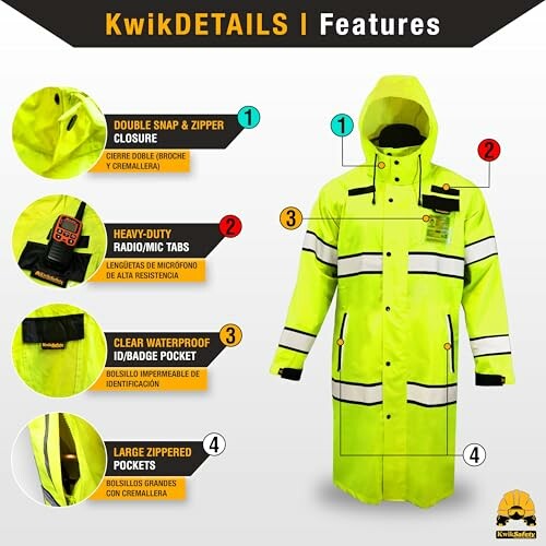 High-visibility safety coat with features highlighted, including snaps, zippers, radio tabs, ID pocket, and large pockets.