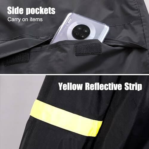 Jacket with side pocket holding a smartphone and a yellow reflective strip.