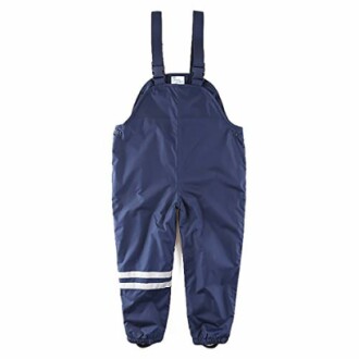 Children's navy waterproof overalls with suspenders.
