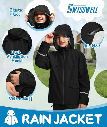 Child wearing a black rain jacket with features like elastic hood, back ventilation panel, air hole, and velcro cuff.