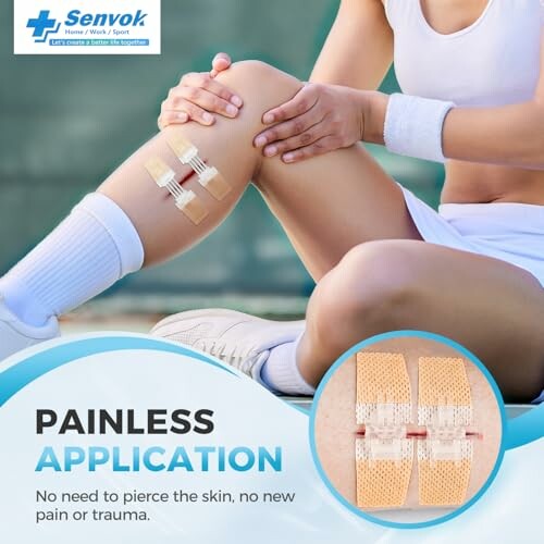 Person applying a bandage on a knee with painless application method.
