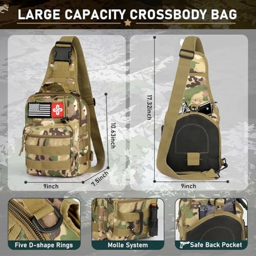 Camouflage crossbody bag with multiple compartments and features.