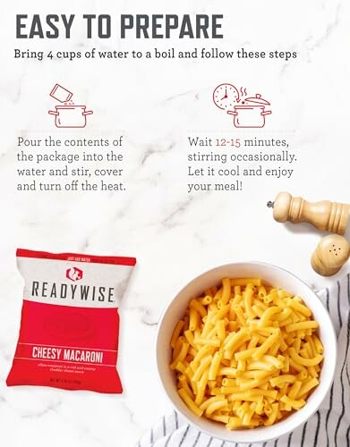 Instructions for preparing cheesy macaroni with ingredients and steps.