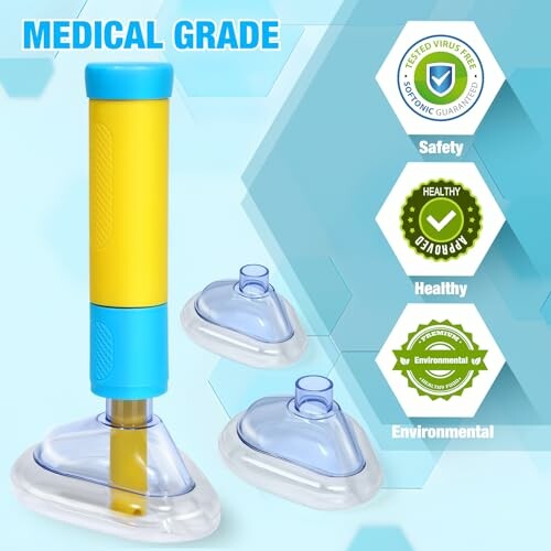 Medical device with three transparent masks, featuring safety and environmental approval badges.