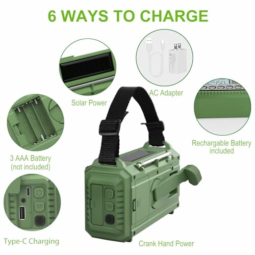 Portable radio with six charging options: solar, AC adapter, AAA battery, rechargeable battery, Type-C, and hand crank.