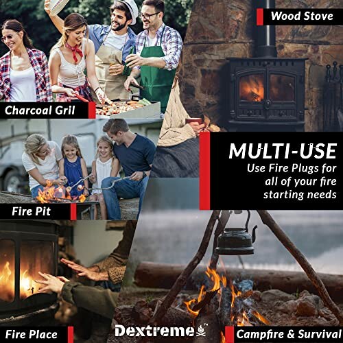 Collage of fire starting tools including a wood stove, charcoal grill, fire pit, fireplace, and campfire.