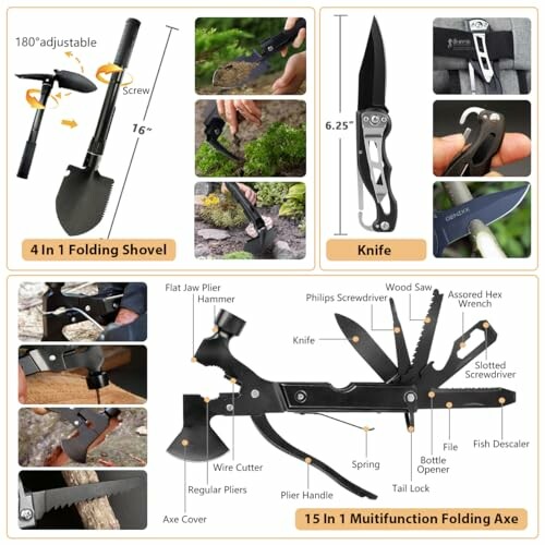 Multitool set with folding shovel, knife, and axe, showing features and uses.