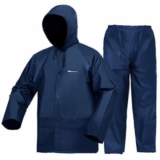 Navy blue rain jacket and pants set with hood.